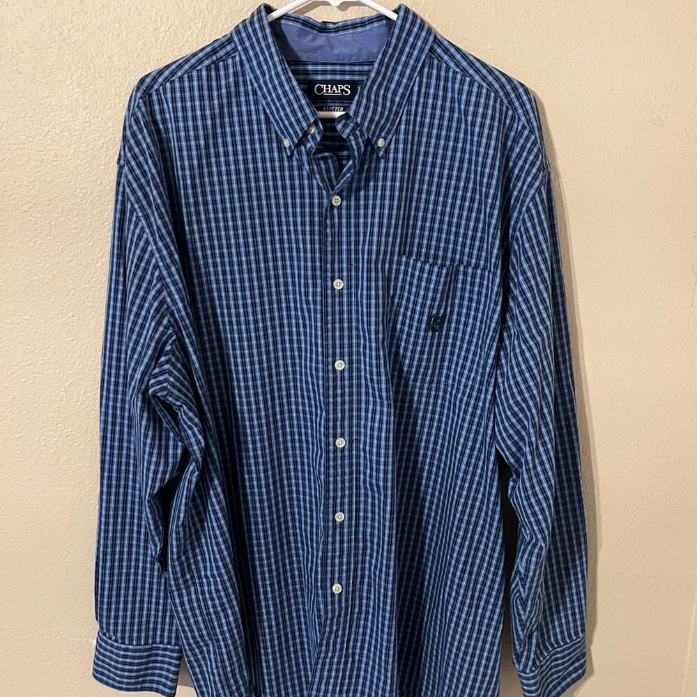Chaps Stretch Easy Care Men's Navy Plaid Men's Button Down Shirt 2XB/2G